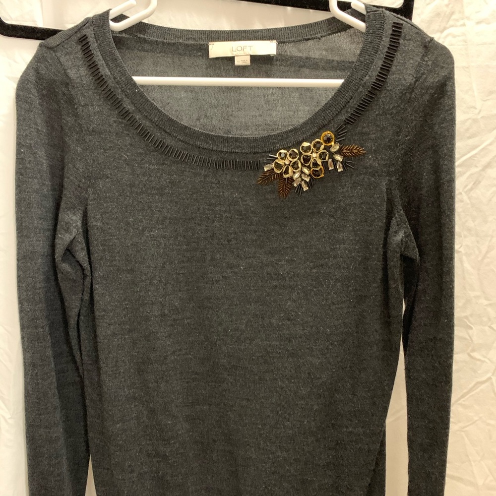 Grey beaded Loft sweater EUC